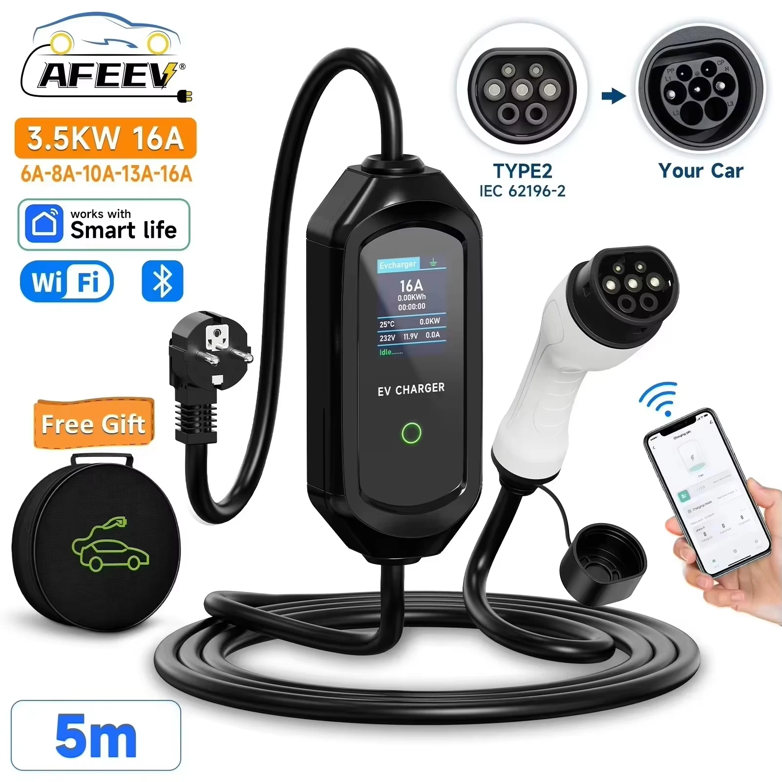 AFEEV Draagbare EV-oplader Type2 IEC62196-2 EVSE Snelle oplaadkabel Type1 SAE J1772 Wallbox WiFi APP Bluetooth Draadloze bediening