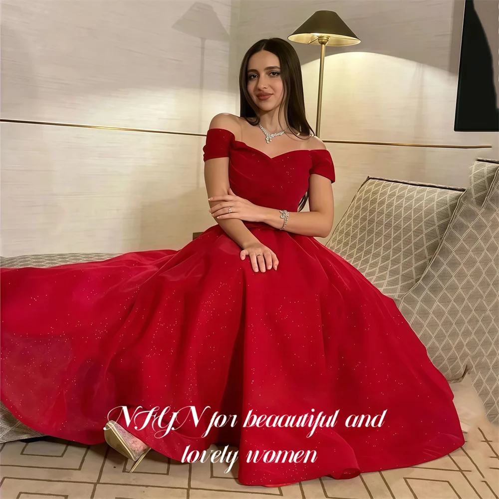 NFYN Red Evening Gown Off Shoulder Prom Dresses A Line Ruched Wedding Evening Dresses Glitter Midi robes de soirée Customized