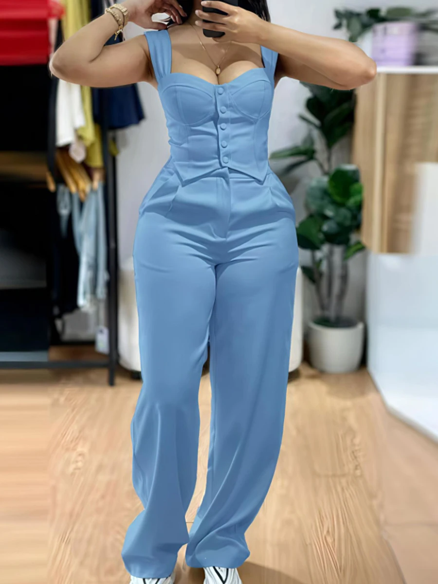 

Комплект из 2 предметов: топ с толстыми бретелями и пуговицами спереди, облегающий, и брюки с высокой талией и широкими штанинами, повседневный комплект