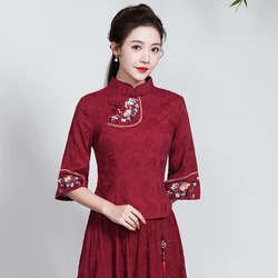 Spring Summer Cotton Linen Embroidery Chinese Style Shirt Women National Vintage Fashion Top Casual Elegance 2023 China Clothing