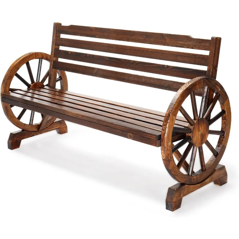 Outdoor Rustic Wooden Bench with Wagon Wheel Legs, People Outdoor Bench Garden Bench Front Porch Furniture Patio Lawn Yard Park