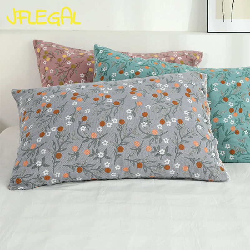 

JFLEGAL Pillowcases A Pair of Pure Cotton Single Large 52X78cm Thickened Breathable Pillow Case Couple European Style Printed