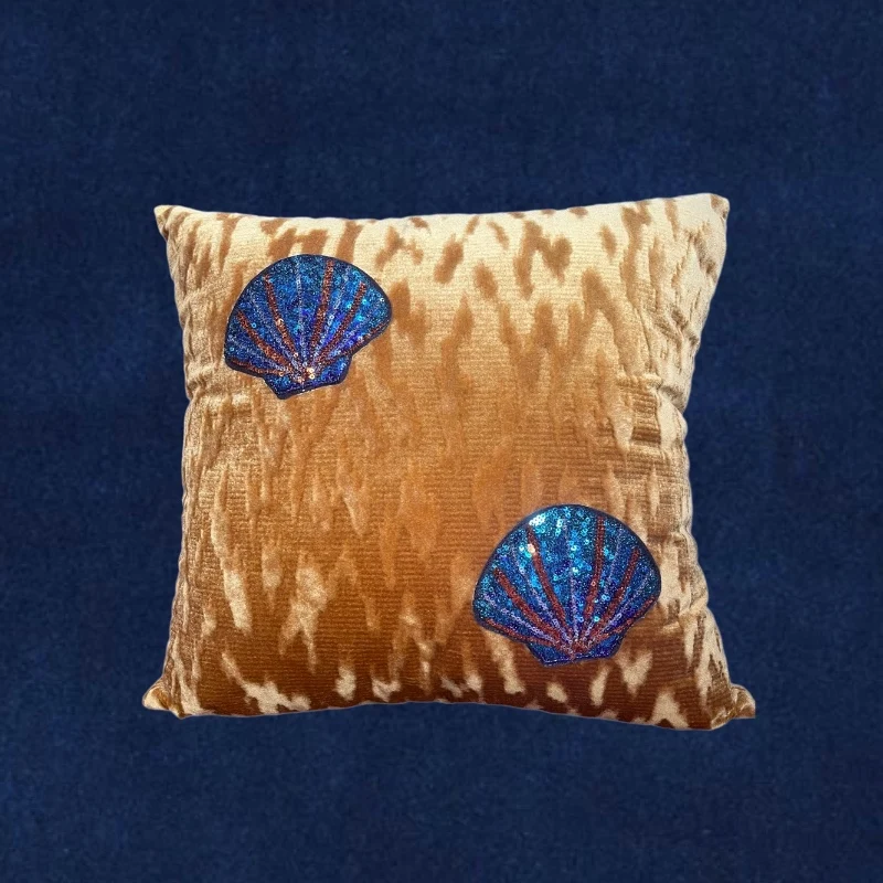 Shiny Sand Velvet Blue Yellow Shell Patchwork Embroidery Cushion Cover Decorative Pillow Case Modern Office Sofa Chair Coussin