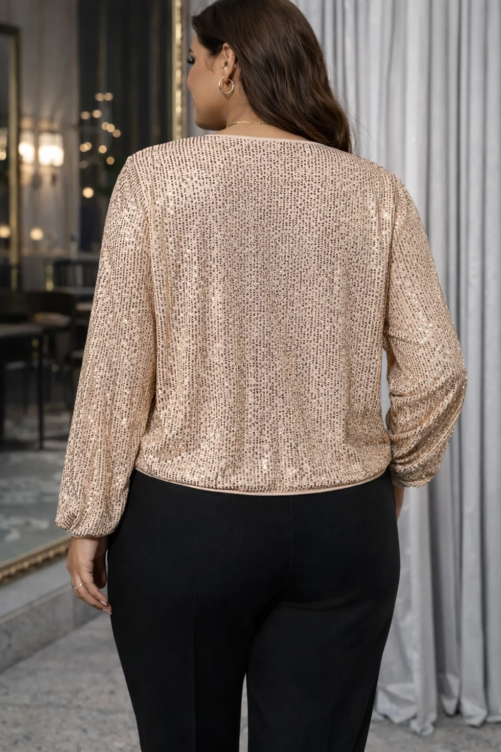 Plus Size Women Champagne Gold Sequin Wrap V Neck Long Sleeve Loose Slimming Sparkly Blouse Evening Party Top
