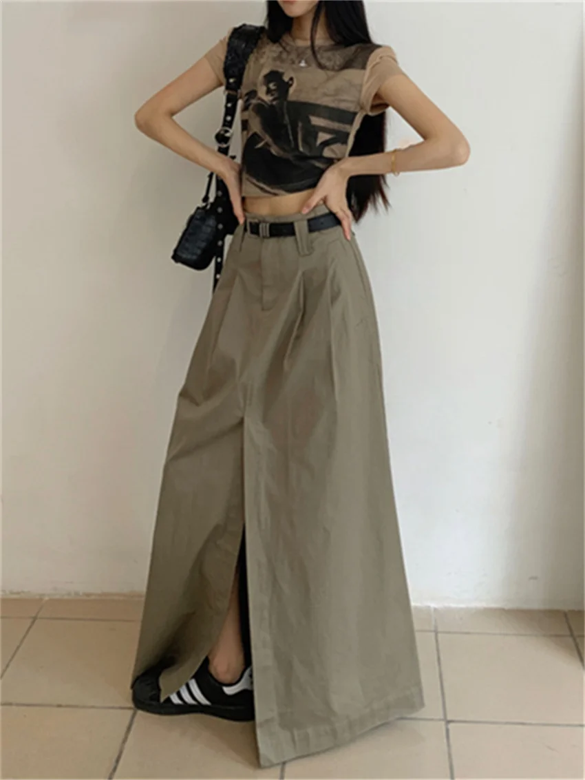 Alien Kitty Minimalist Vintage A-Line Skirts Women Split Loose Casual Summer Gentle 2024 High Street Fashion Slim Solid Daily