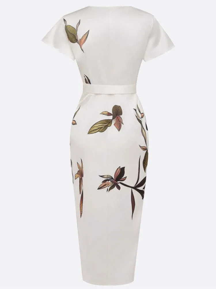 Robe en Satin imprimé pour femmes, Sexy, décolleté en v profond, manches courtes, élégante, taille cintrée, à lacets, pour le bureau, nouvelle collection été