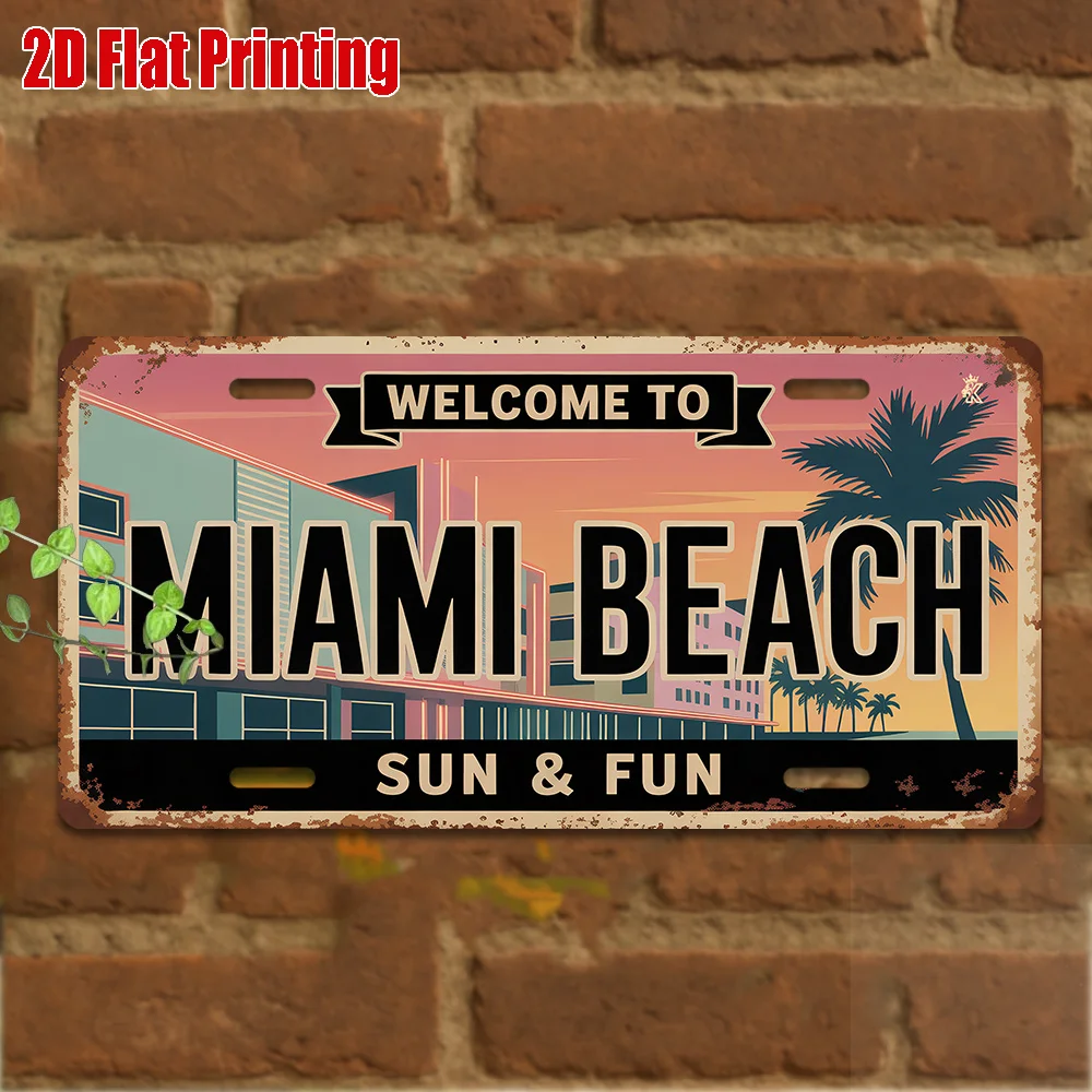2D Flat, 2D Flat Printing, 1pc, Vintage Metal Sign, for Decorationg Only, Outdoor Wall Art (29.97cm * 14.99cm), MIAMI BEACH Alum