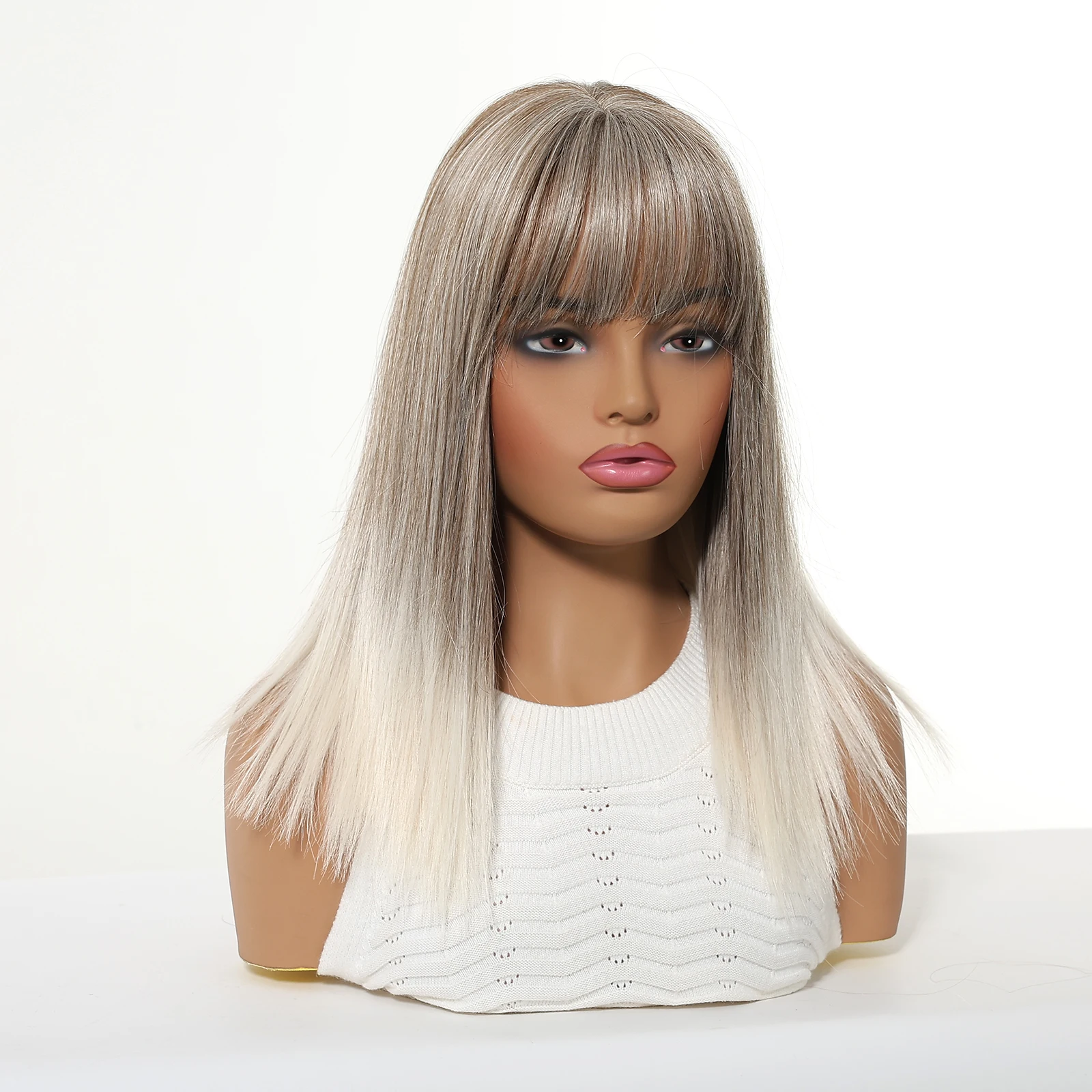 EASIHAIR グレーホワイトオンブル合成かつら前髪付きミディアムレングスストレートヘアウィッグ女性のための日常使用コスプレ耐熱
