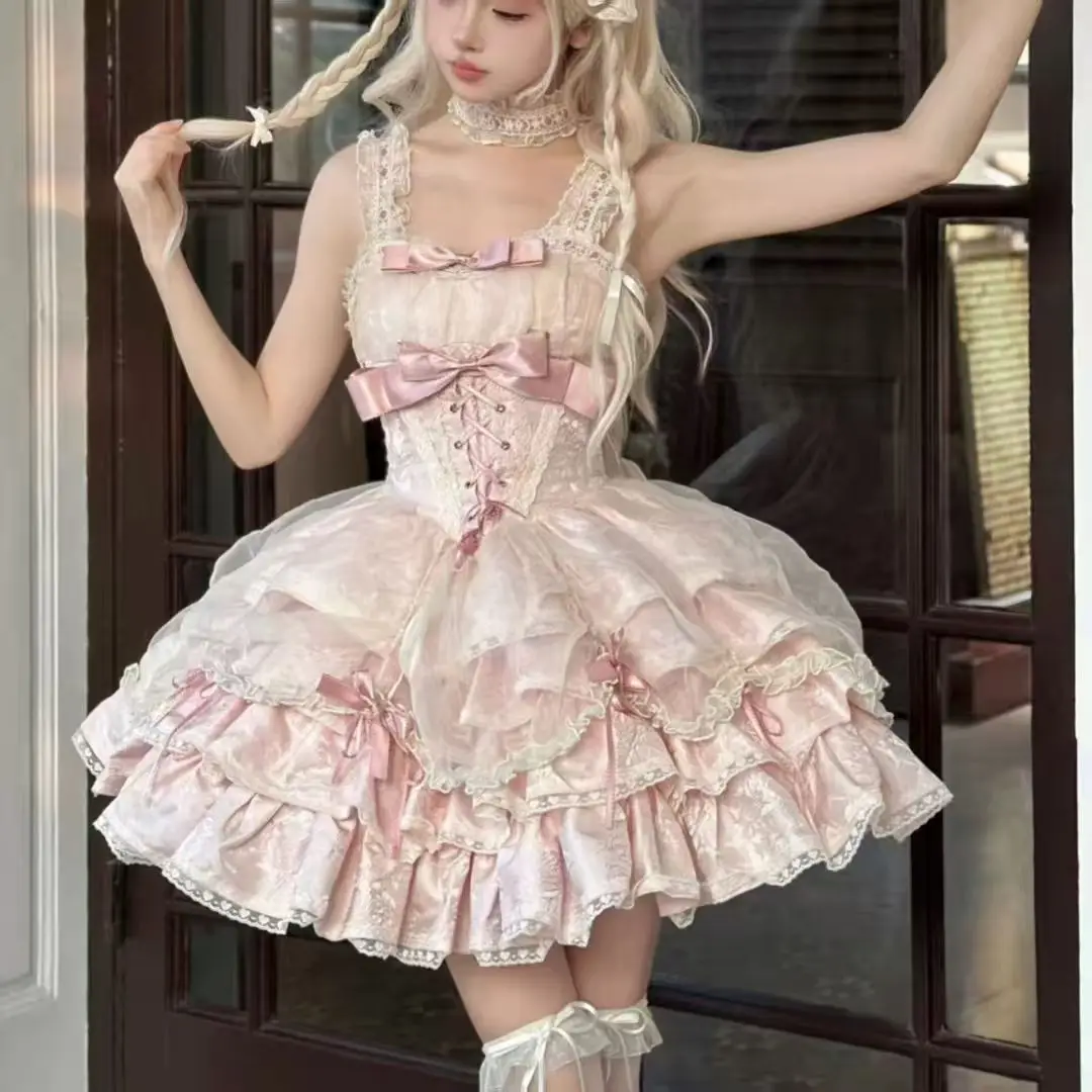 2026 New Sweet Lolita Dress Women Ruffled Lace Halter Neck Cute Dress Bow Princess Party Dress Kawaii Gothic Cosplay Costume - Image 6