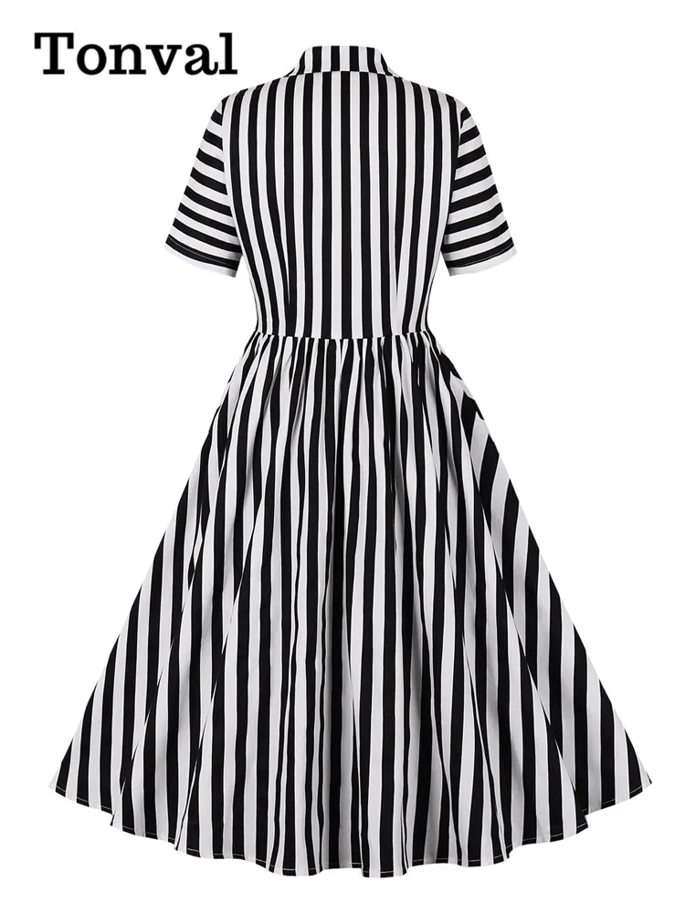 Tonval Notched Collar Single Breasted Striped Print Cotton Ladies Dresses Elegant 40s 50s Pleated Rockabilly Women Midi Dress