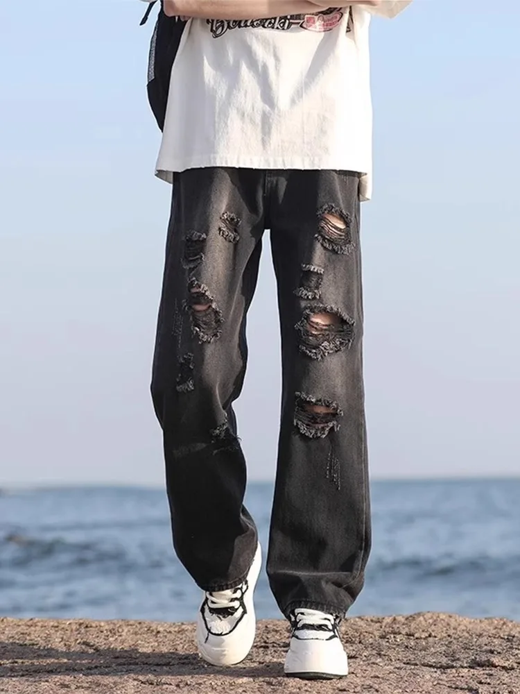 

Рваные свободные тонкие летние джинсы для мужчин в американском ретро-стиле, модные прямые повседневные брюки в уличном стиле
