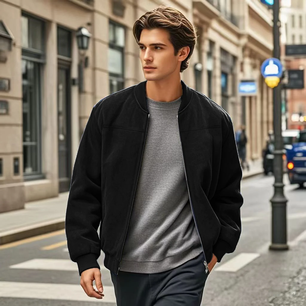 Cross-border suede solid color men\'s zipper jacket casual retro long-sleeved jacket