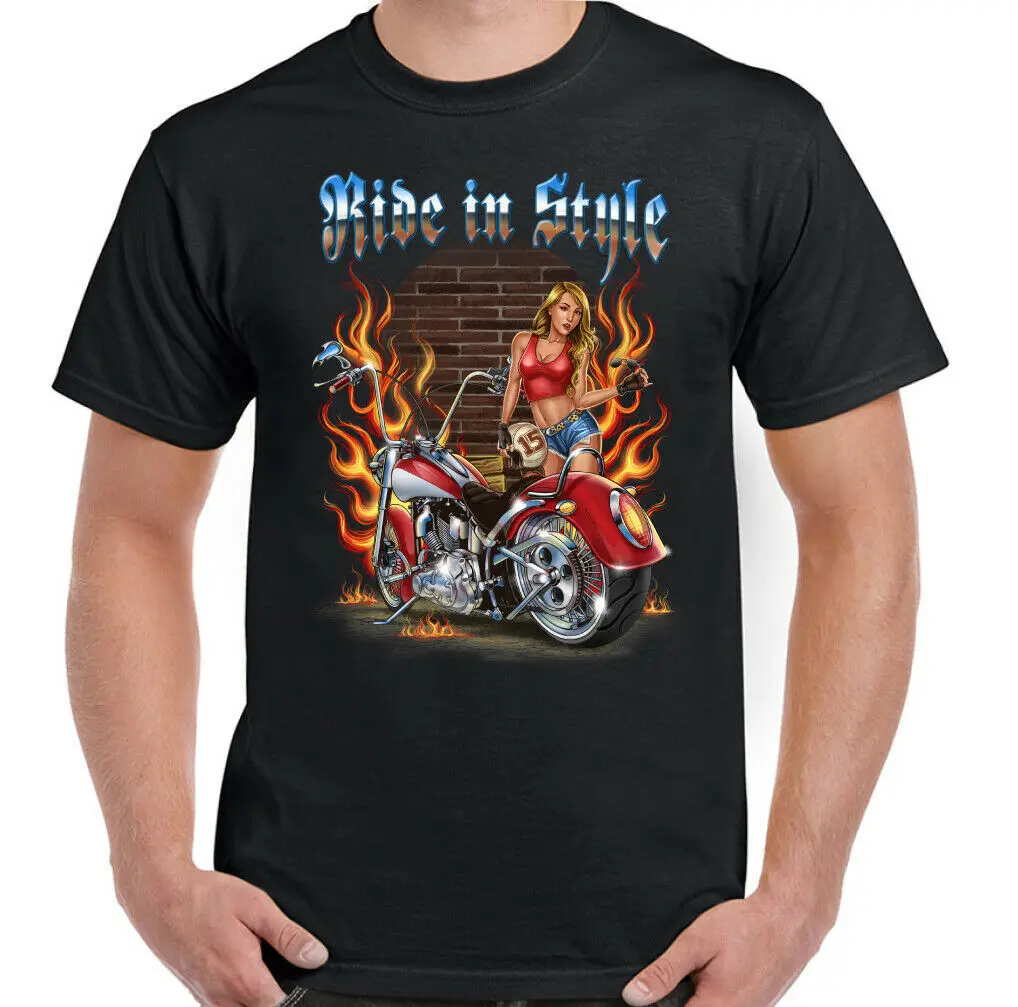 

Retro Sexy Girl Custom Chopper Biker Motorcycle T-Shirt 100% Cotton O-Neck Short Sleeve Summer Casual Mens T-shirt Streetwear
