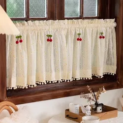 Pastoral Daisy Short Curtain Valance Kitchen Half Drape with Red Cherry Small Window Cabinet Porch Living Room Tassel Curtain