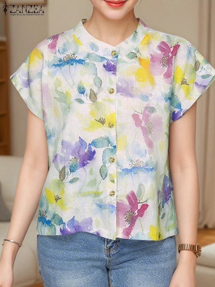 

ZANZEA/2020 летние богемные женские шифоновые рубашки с коротким рукавом и цветочным принтом, пляжная блузка, модная повседневная свободная винтажная женская блузка