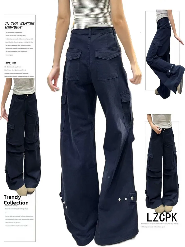 

Американские джинсы свободного кроя, женские джинсы-карго с высокой талией, синяя джинсовая рабочая одежда, Новое поступление осени для похудения