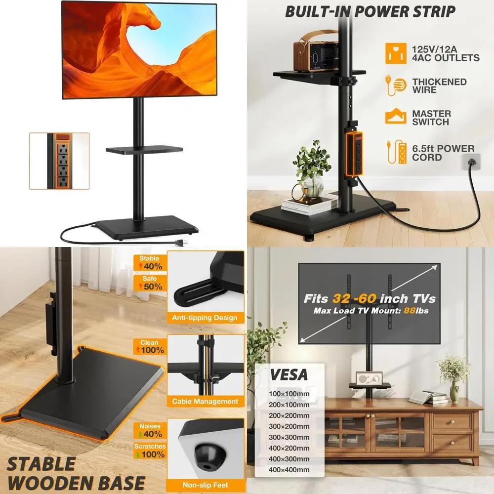 

Напольная подставка для телевизора с розеткой, подставка для телевизора диаметром 32–60 дюймов до 88 фунтов, поворотное крепление для телевизора с регулировкой высоты a