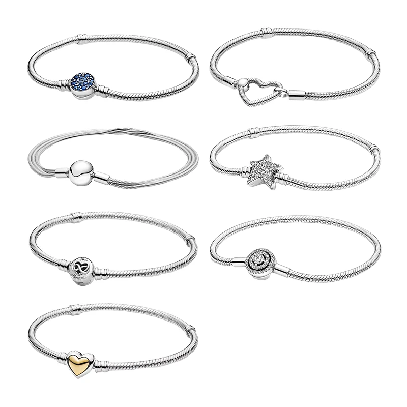 

925 Sterling Silver Wrist Charm Bracelets For Women Fine Jewelry Snake Chain Blue Disc Ball Infinity Love Hearts Star Halo Clasp