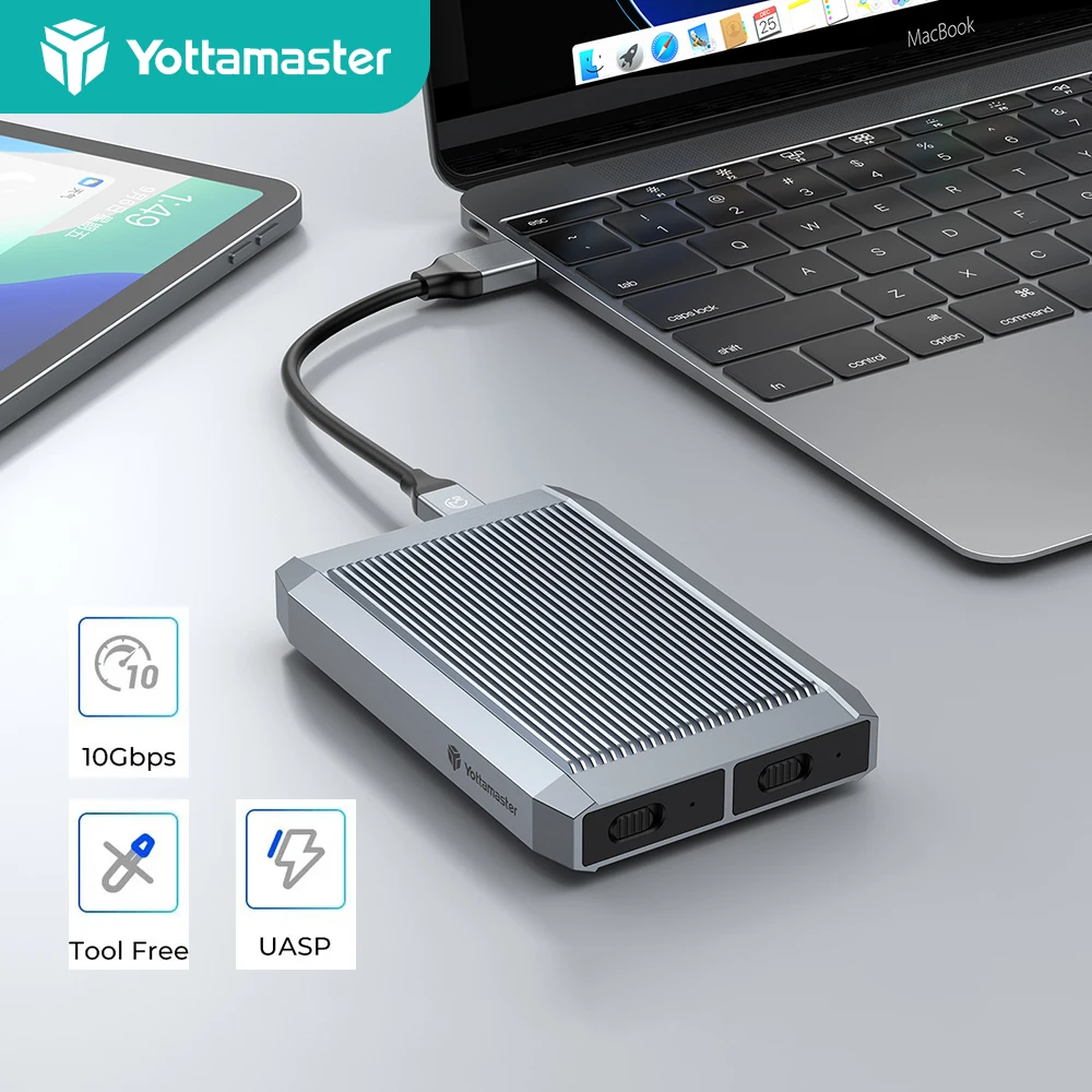 

Yottamaster SATA NVME Enclosure M.2 Dual Bay Hard Drive Enclosure Type C USB3.1 GEN1 10Gbps NVMe 5Gbps SATA SSD Storage Case Box