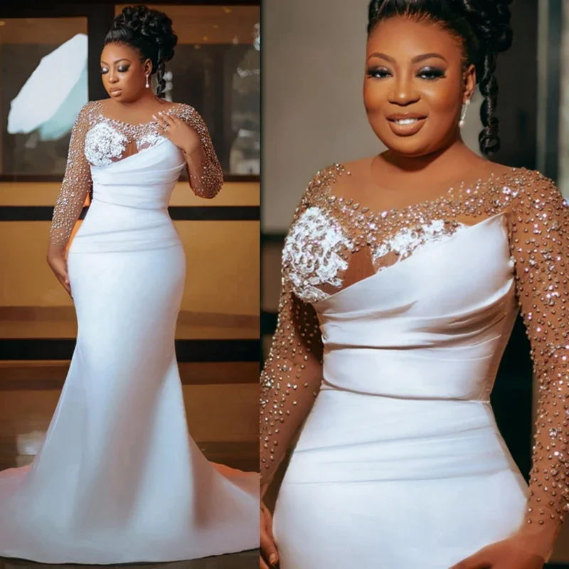 Maßgeschneiderte bescheidene Spitzenapplikationen Plus Size Hochzeitskleid Langarm elegante arabische Nigeria Aso Ebi Trompete Brautkleider