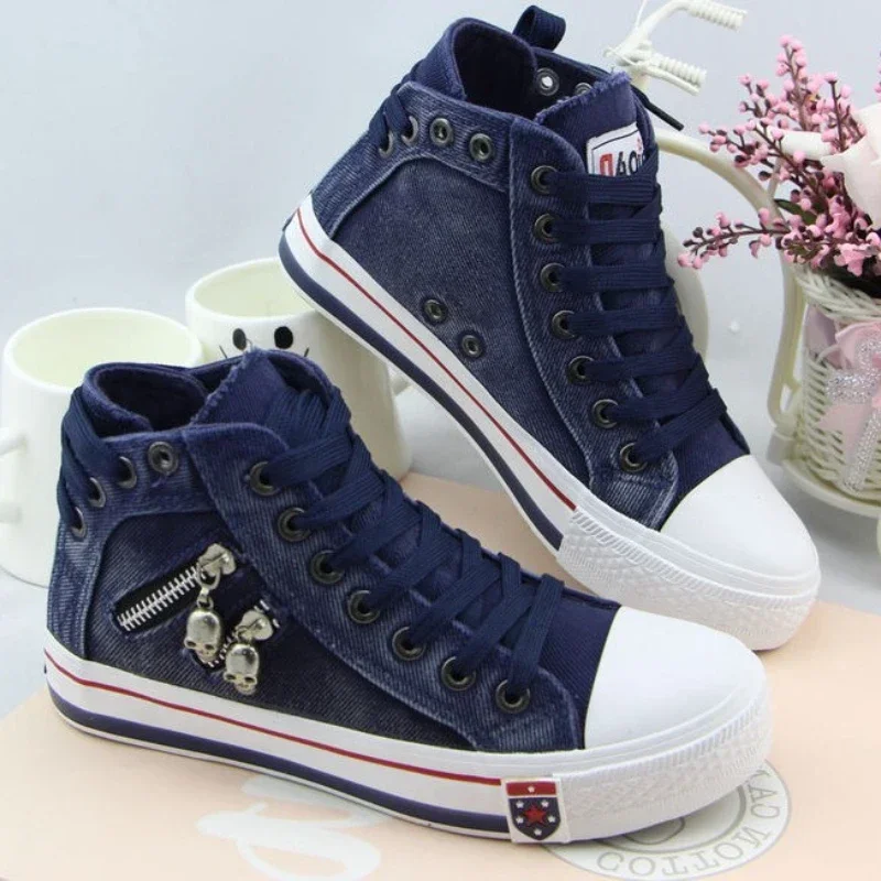 Denim Women Canvas Shoes Skull Metal Decoration Sneakers Retro High-top Casual Sneaker Flat Boots Vulcanized Cowboy Woman Shoes