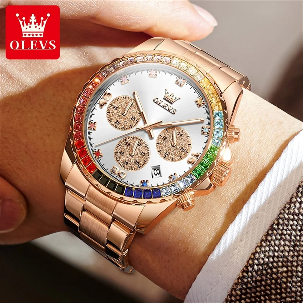 OLEVS NEW Watch Men Colored Diamond Bezel High Quality Stainless steel Waterproof Luxury Date Multifunctional Wristwatch Man