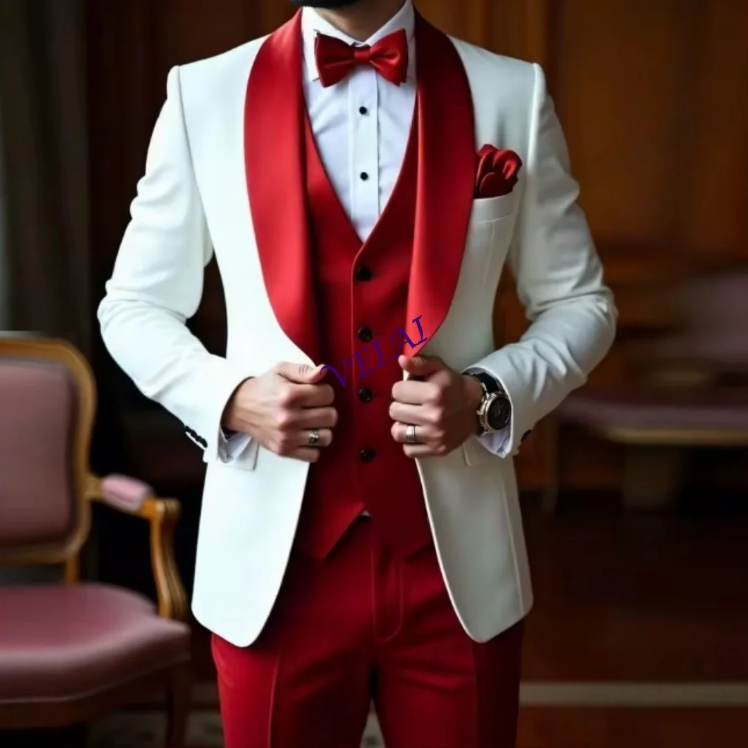 

CustomizedNew White And Red Men Suit Formal Occasion Groom Groomsman Wedding Party Prom Male Tuxedos 3 Piece Set Blazer Vest Pan