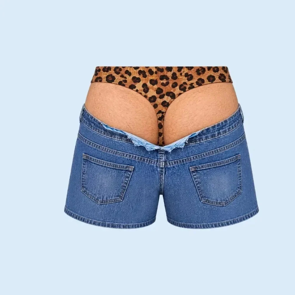 Novelty Mens Fake Layer Denim Shorts Frayed Hem Leopard Print Lining Casual Beach Wear Back Pockets Fun Party Holiday Outfit