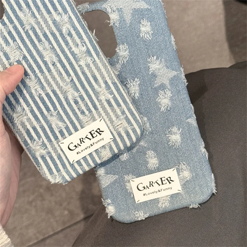 Korean Denim Embroidered Stars Phone Case For iPhone 16 Pro 14 13 15 Pro Max Back Cover Cute Fabric Soft Cases For Apple 14pro