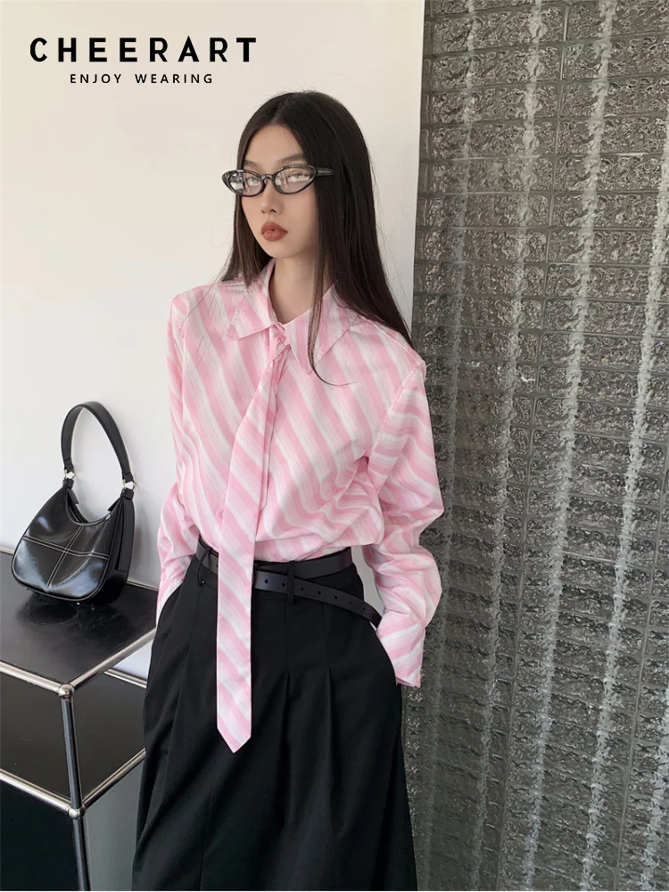 CHEERART Pink Striped Button Up Shirt With Necktie Office Outfits Women Long Sleeve Top And Blouse Fashion 2023 Spring Summer