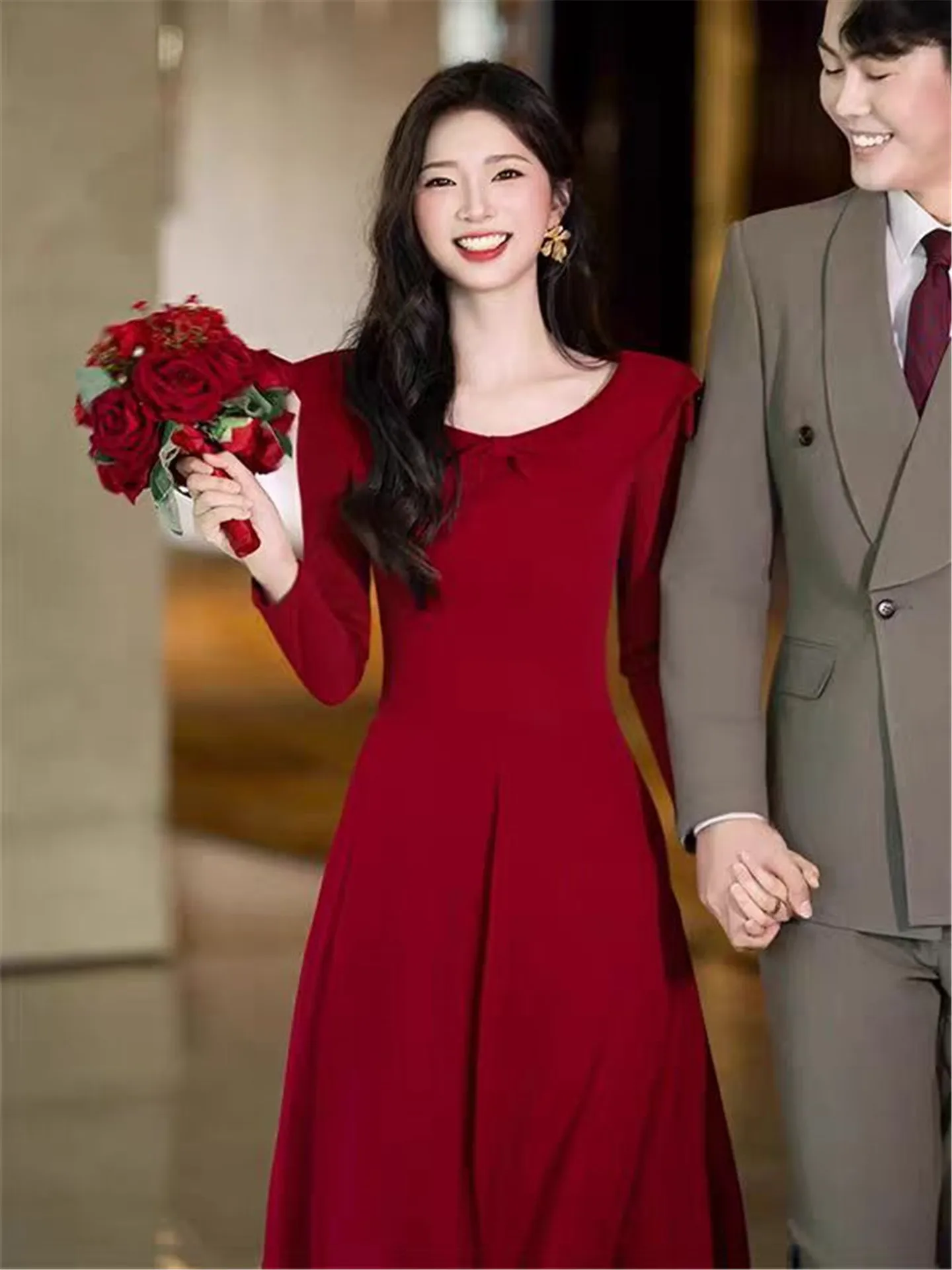 

Элегантное красное свадебное платье с длинным рукавом, женское платье класса люкс для помолвки, вечеринки, повседневный наряд для невесты, для возвращения домой