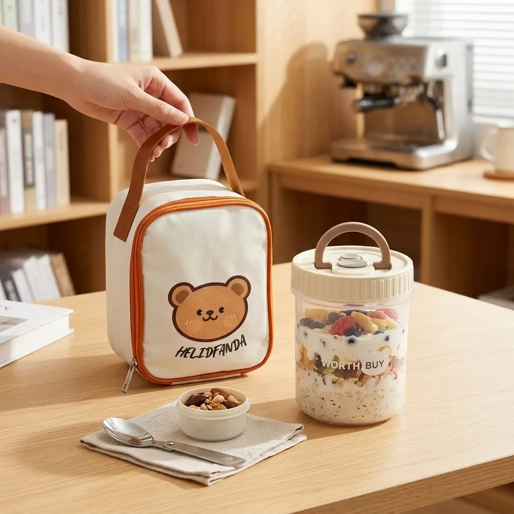 Overnight Oats Container with Lid Plastic Food Storage Container Microwave Safe Leakproof Yogurt Salad Cup Kids School Lunch Box