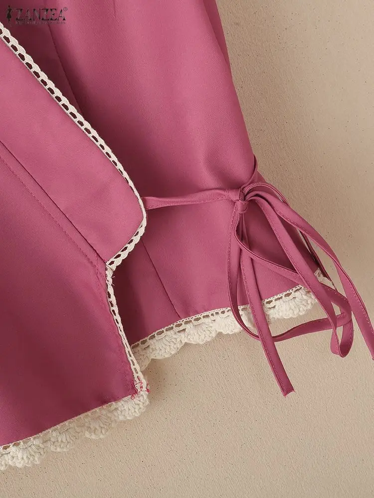 ZANZEA Casual Floral Print Lace Trim Women Blouses 2025 Summer Wrapped V-Neck Short Sleeve Lace-Up Front Blouse for Woman S-3XL