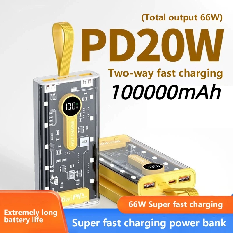 New Portable Power Bank 200000mAh with Cable 66 W Fast Charging External Battery Charger Cases for iPhone Series Samsung Xiaomi