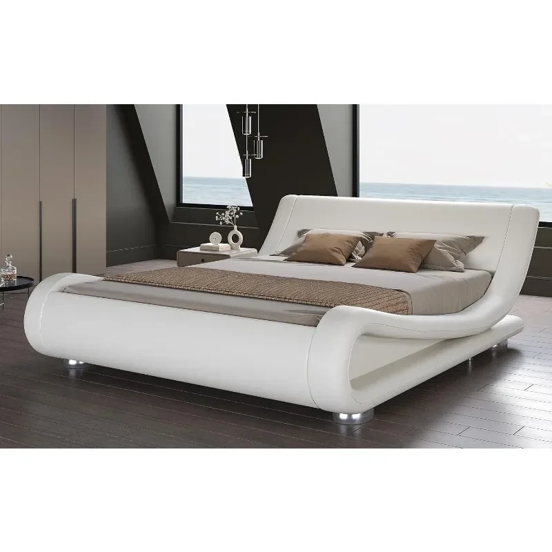 

King Size Upholstered Bed Frame, Faux Leather Ergonomics Headboard, No Box Spring Needed & Easy Assembly, White