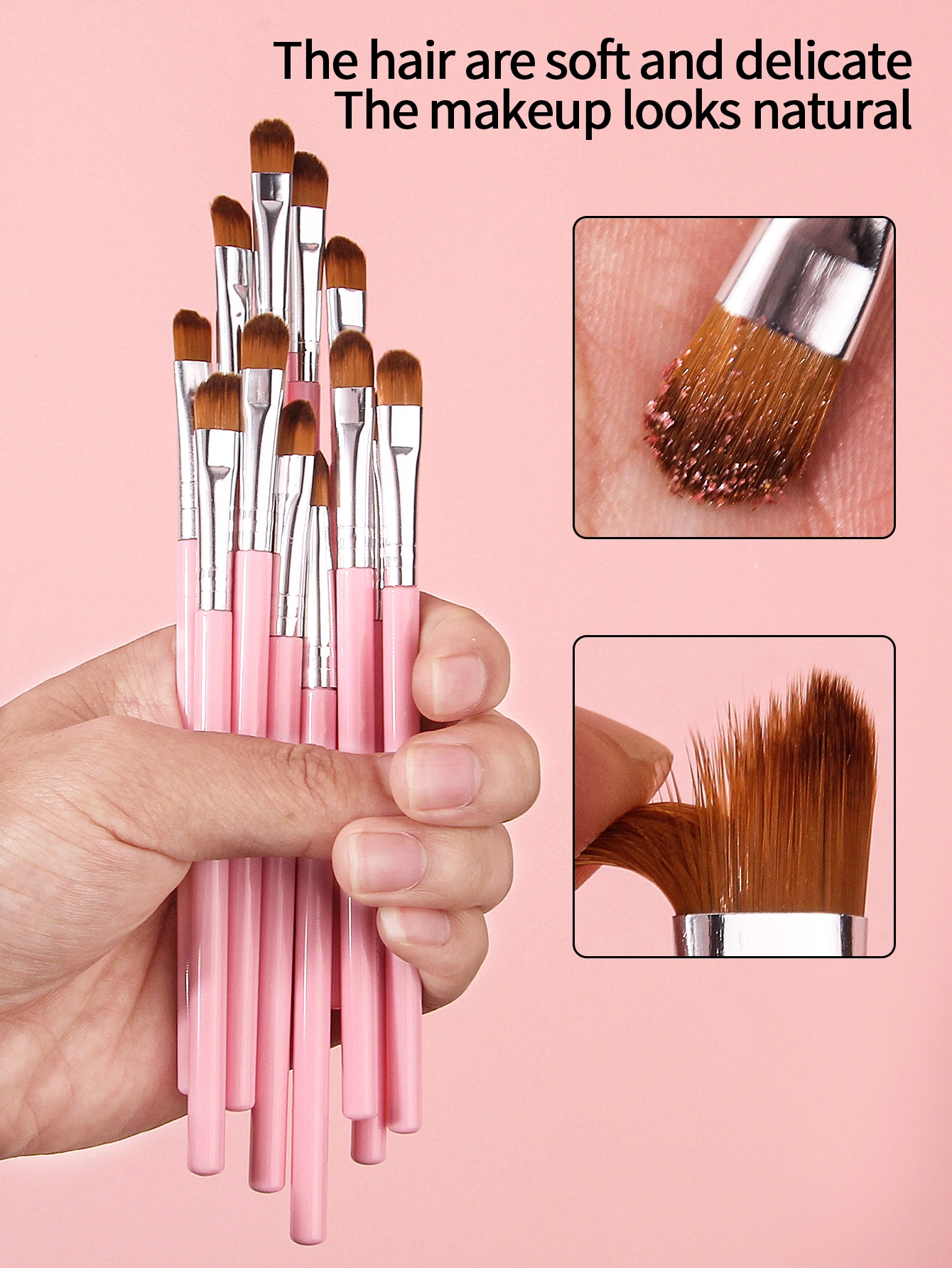 12Pcs Pink Eyeshadow Brushes Flat Round Small Concealer Brushes Professional Eye MakeupTools Soft Synthetic Fibers Easy To Clean