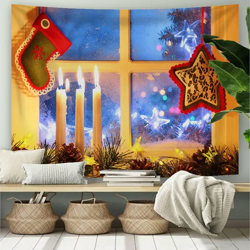 VIKAMA Retro Stone Fireplace Christmas Tapestry Background Cloth Wall Decoration Living Room Background Wall Room Decoration