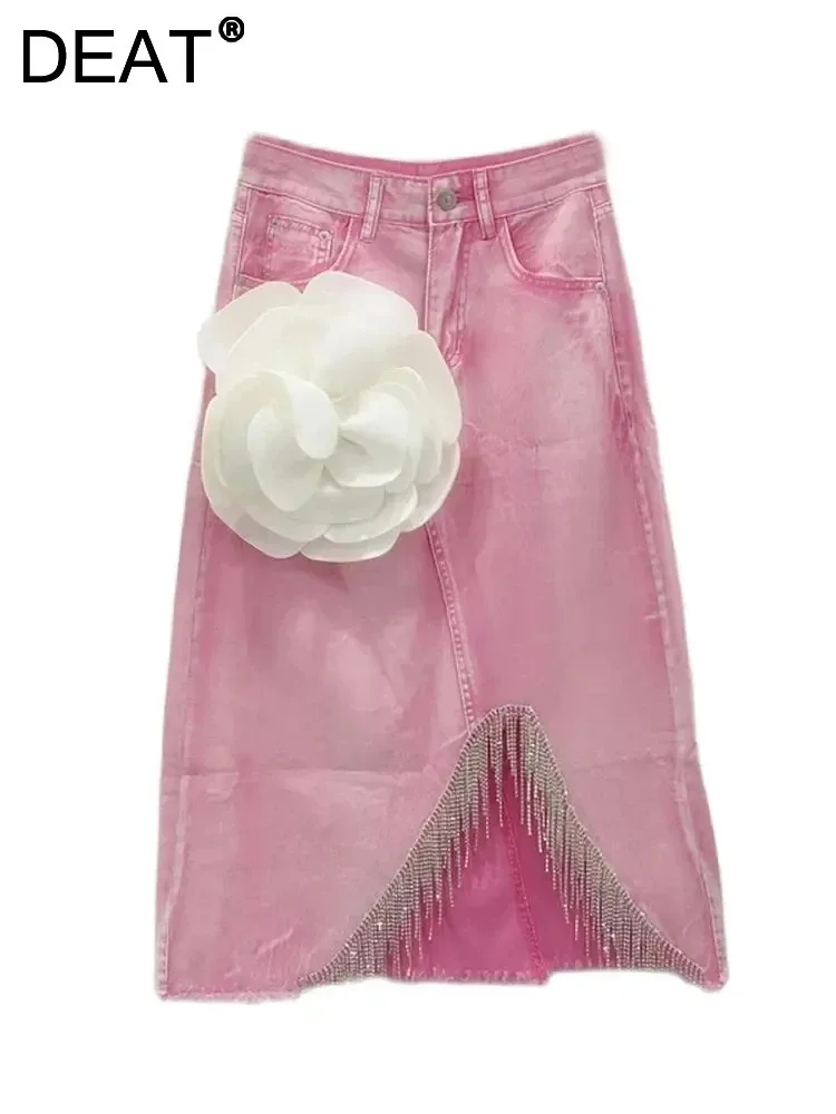 

DEAT Women's Denim Skirt Washed Pink White Flowers A-line Irregular Diamonds Chains Tassel Long Skirt Autumn 2024 New Fashion