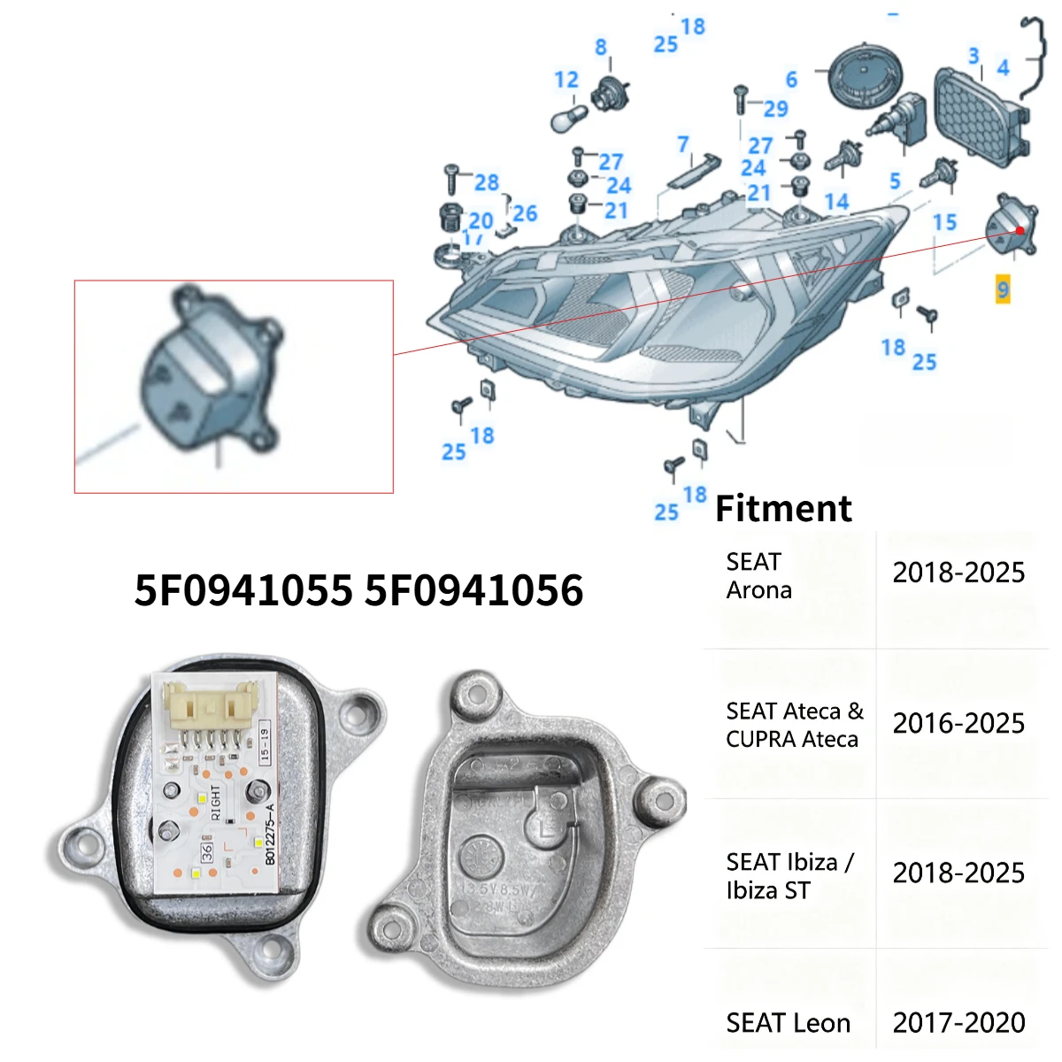 5F0941055 5F0941056 LED Headlight Light Source Module With Heatsink Replacement Accessories For SEAT ARONA IBIZA ATECA Leon