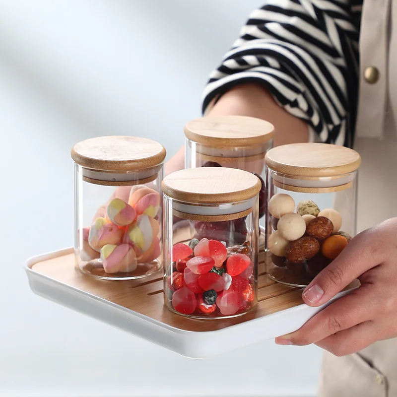 Bulk 10 Pcs Pack Glass Jar with Bamboo Lid Dried Fruit Storage Container Heat-resistant Storage Box 200ml Air Tight Glass Jars