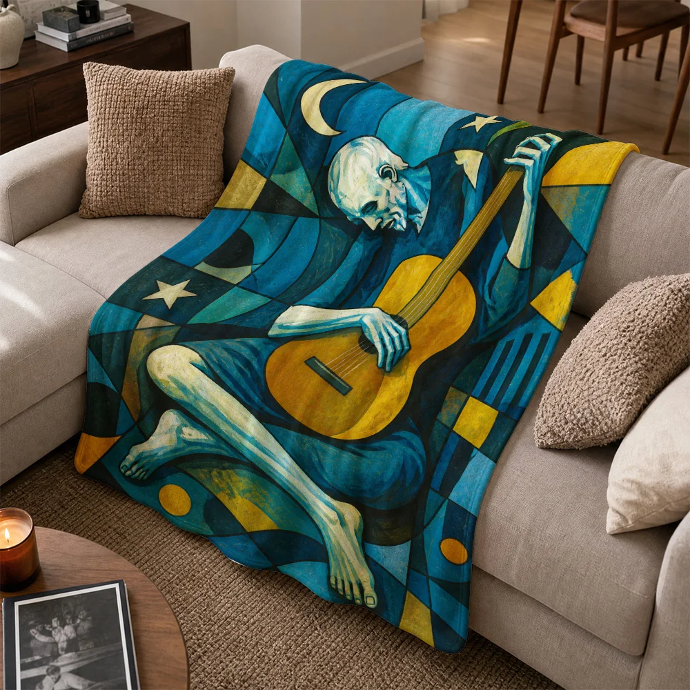 Bohemian Art Throw Blanket for Sofa Living Room Decor Music Guitar Design Retro Vintage Aesthetic Cozy Couch Throw