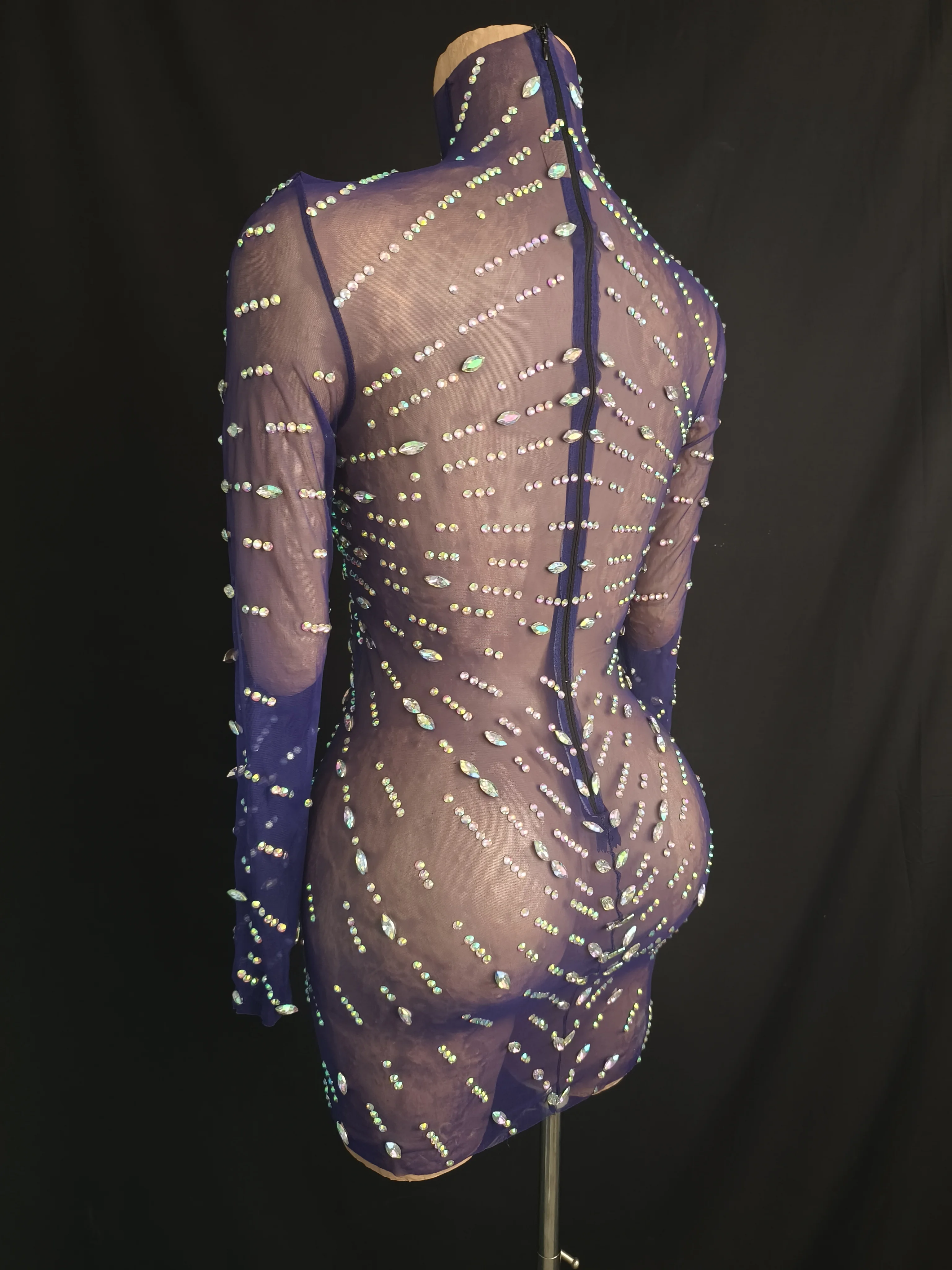 豪華なラインストーンスターライトパターンデザインディープブルーシースルーシアードレスファッション女性パーティードレスパフォーマンスコスチューム