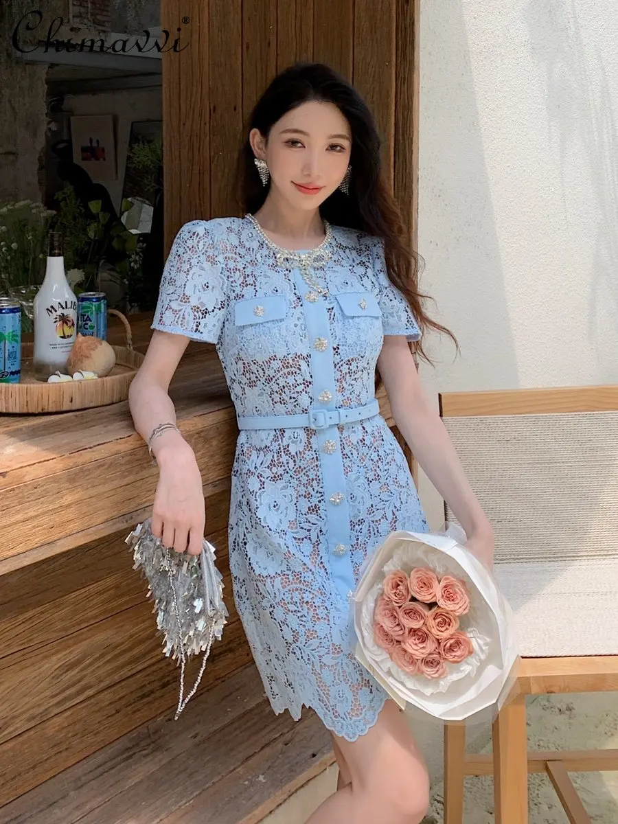 

High-End Exquisite Heavy Water Soluble Lace Blue Short-Sleeved Round Neck Dress Fashion High Waist Elegant Party Mini Dress