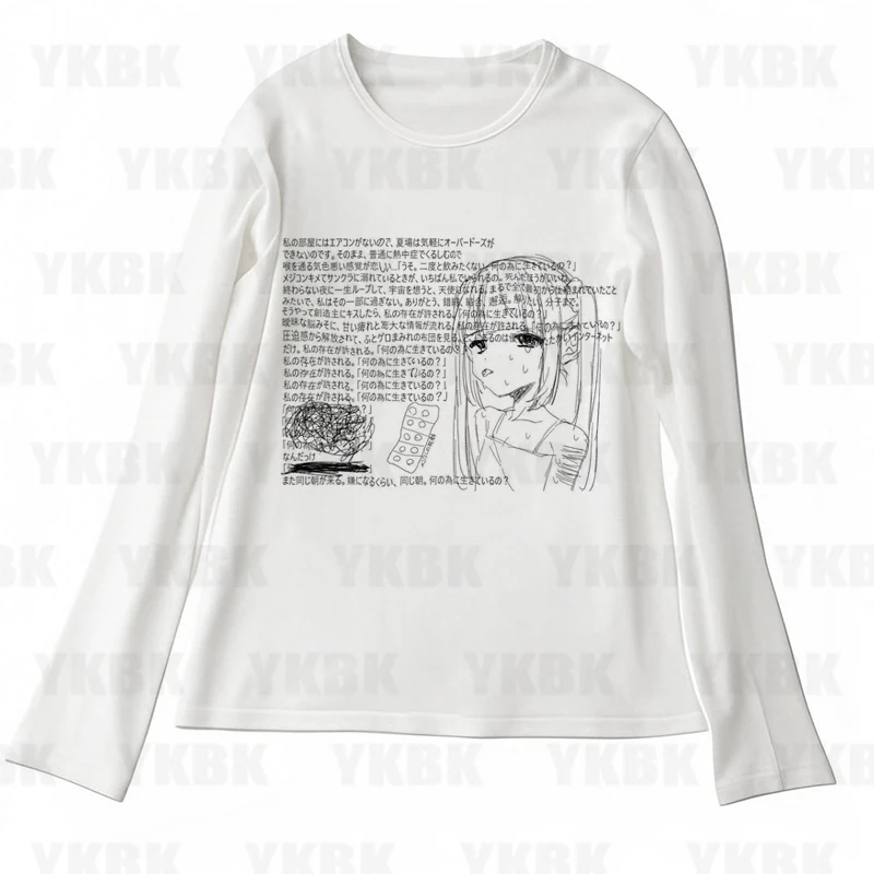 جرافيك هاراجوكو طباعة رسالة أنيمي كم طويل المرأة تي شيرت 90s الملابس خمر النساء الإناث Trashy Y2k 2000s بلايز القوطية