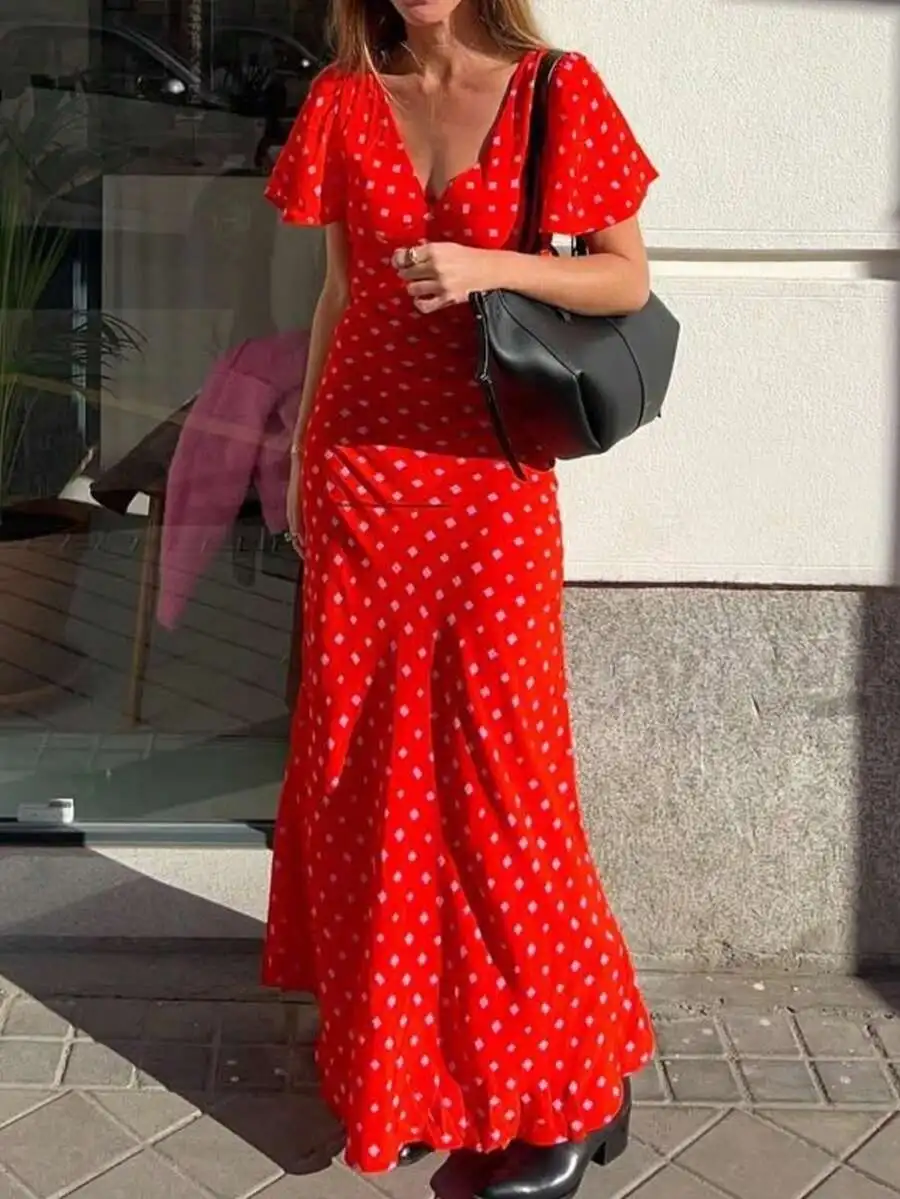 

Elegant Red Polka Dot V-Neck Short Sleeve Maxi Dress Bohemian Style For Vacation Party