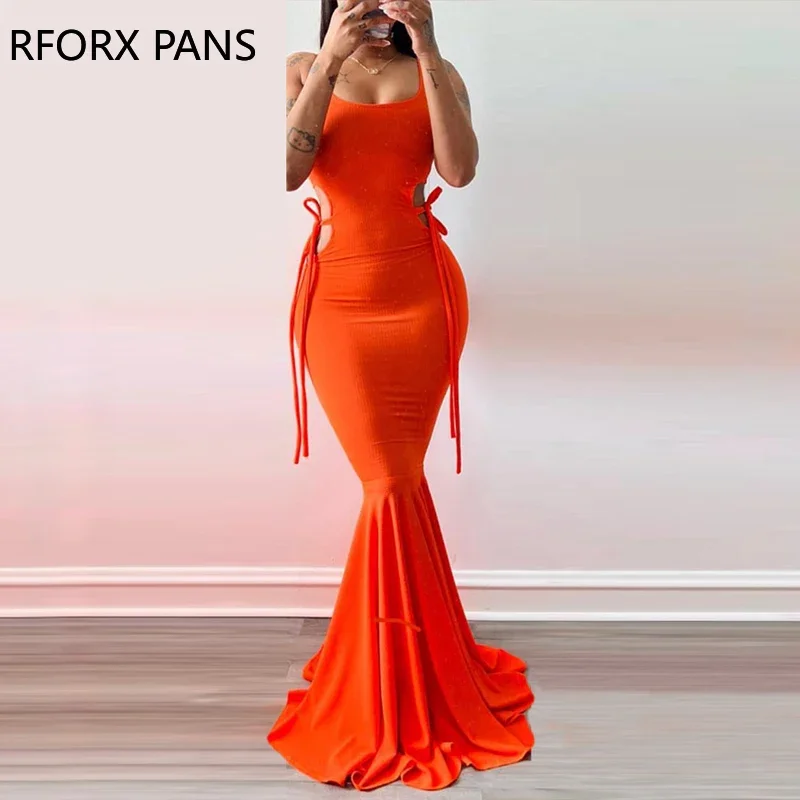 Kobiety solidna elegancka Glamourous Tank Midriff Lace Up marszczenia Silt Maxi sukienka typu Bodycon w stylu syreny formalna sukienka na przyjęcie