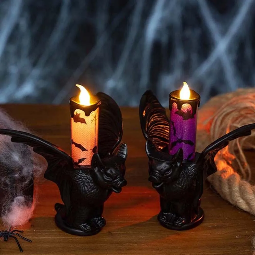 Cell Battery Operated Bat Candle Light Plastic Base Printed Pattern LED Candlestick Eco Friendly Lightweight Gothic Lamp