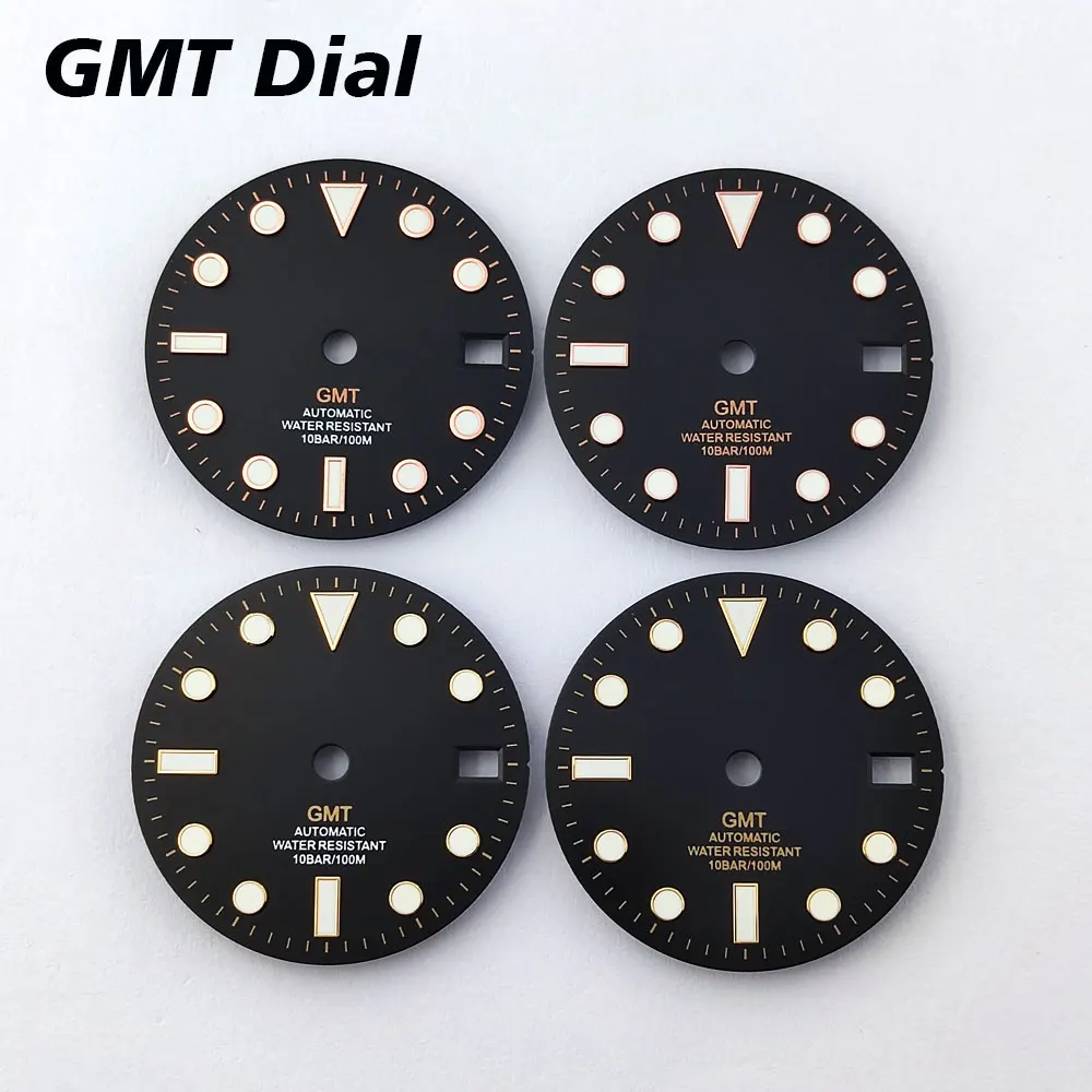 قرص NH34 بتوقيت جرينتش قرص الساعة 28.5 ملم قرص أسود ضوء ليلي أخضر يناسب ملحقات ساعة الحركة nh34 nh35