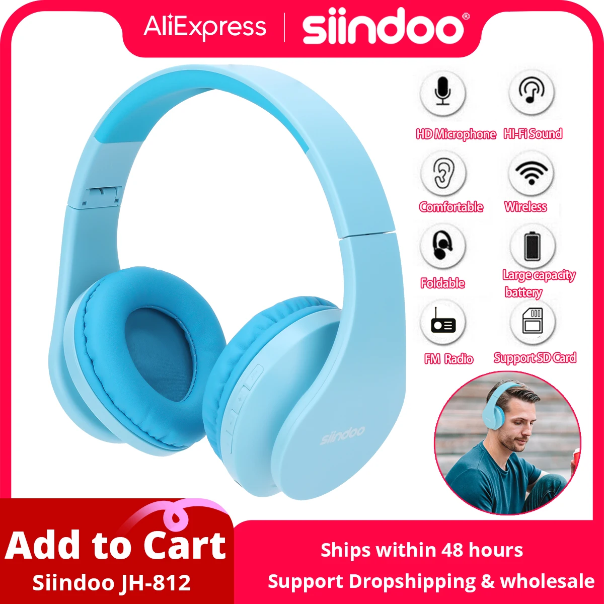 Siindoo JH-812 Blue Wireless Headphones Support SD Card FM Bluetooth Foldable Earphone HIFI Stereo With Mic For Laptop PC TV