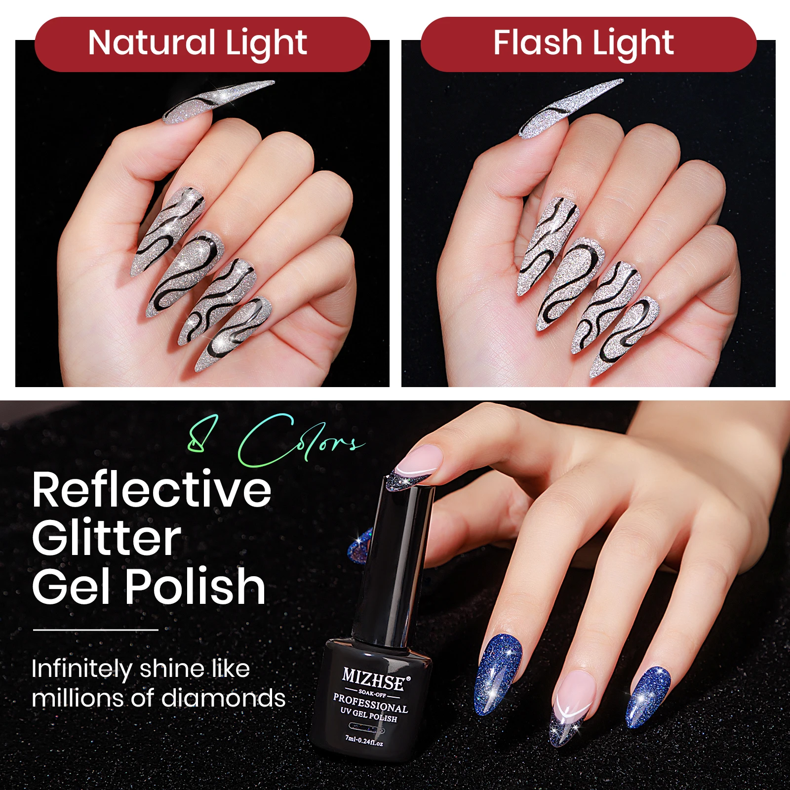 MIZHSE 8-Farben-reflektierendes Gel-Nagellack-Set, Glitzer-Pailletten-Gel für Maniküre, Nagelkunst, holografisches funkelndes UV-LED-Nagelgel